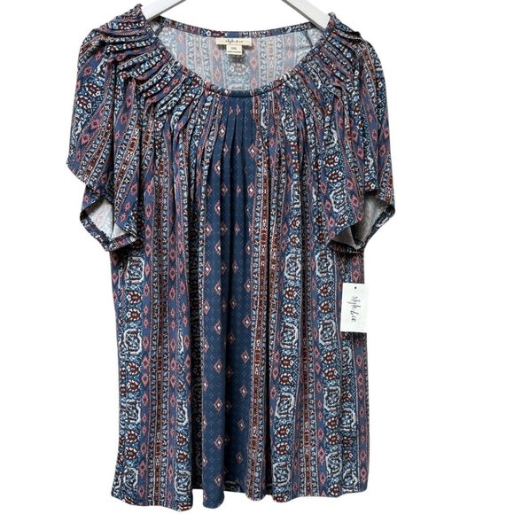 Style & Co Peasant Top XXL Blue Boho Stretch Jersey Short Sleeve Blouse NWT - Picture 1 of 7